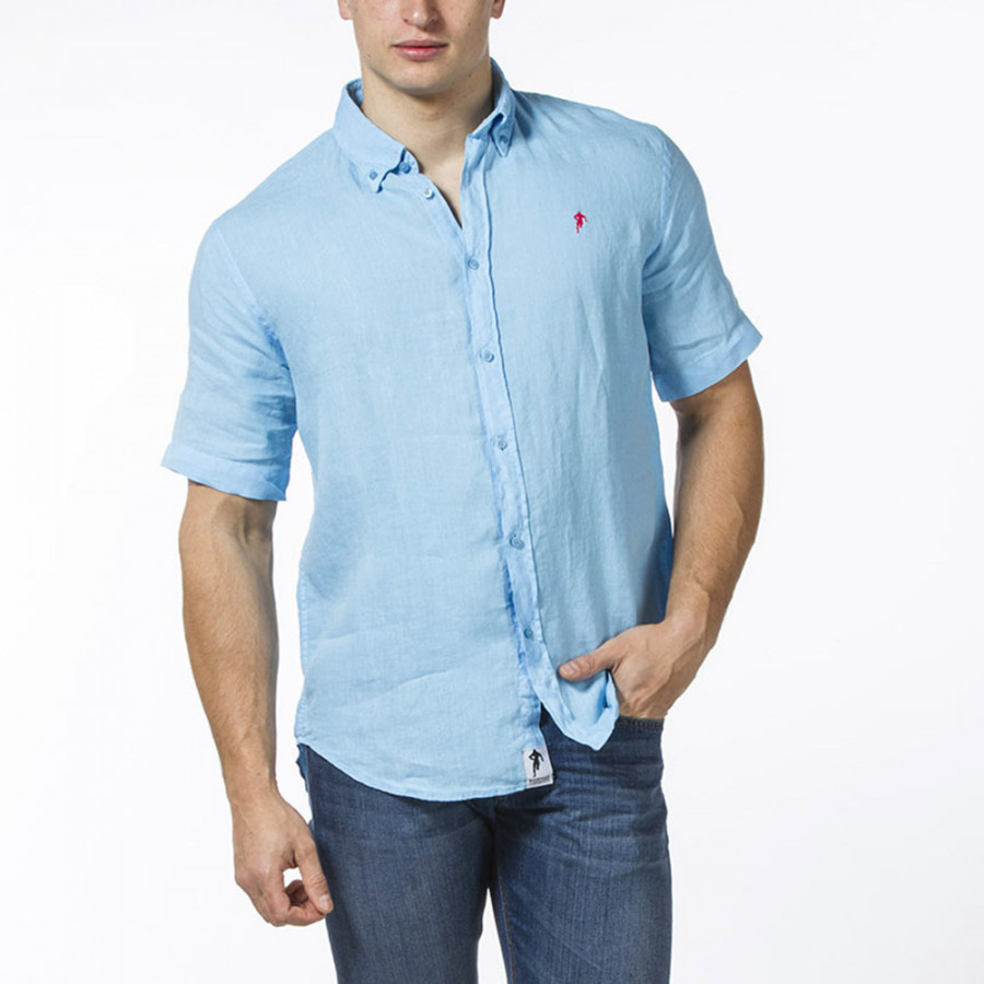 Ruckfield Short Sleeves Light Blue Linen Shirt - Men Outlet - Le ...
