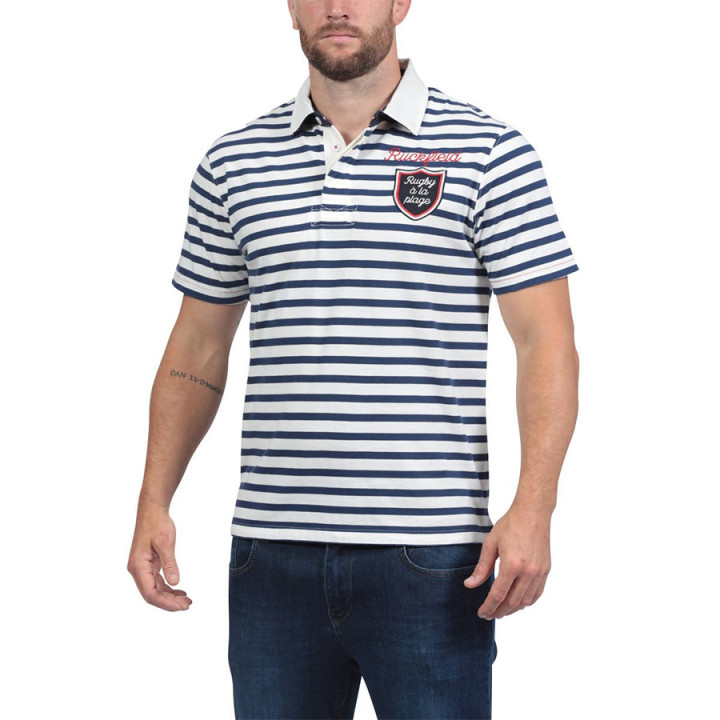 Polo Jersey Manches Courtes Rayé Écru et Marine Ruckfield