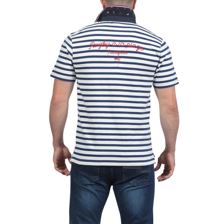 Ruckfield Ecru and Navy Blue Striped Short Sleeves Jersey Polo