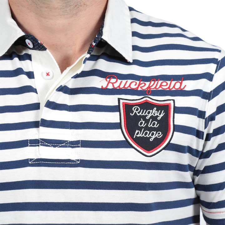 Polo Jersey Manches Courtes Rayé Écru et Marine Ruckfield