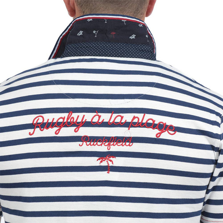 Ruckfield Ecru and Navy Blue Striped Short Sleeves Jersey Polo