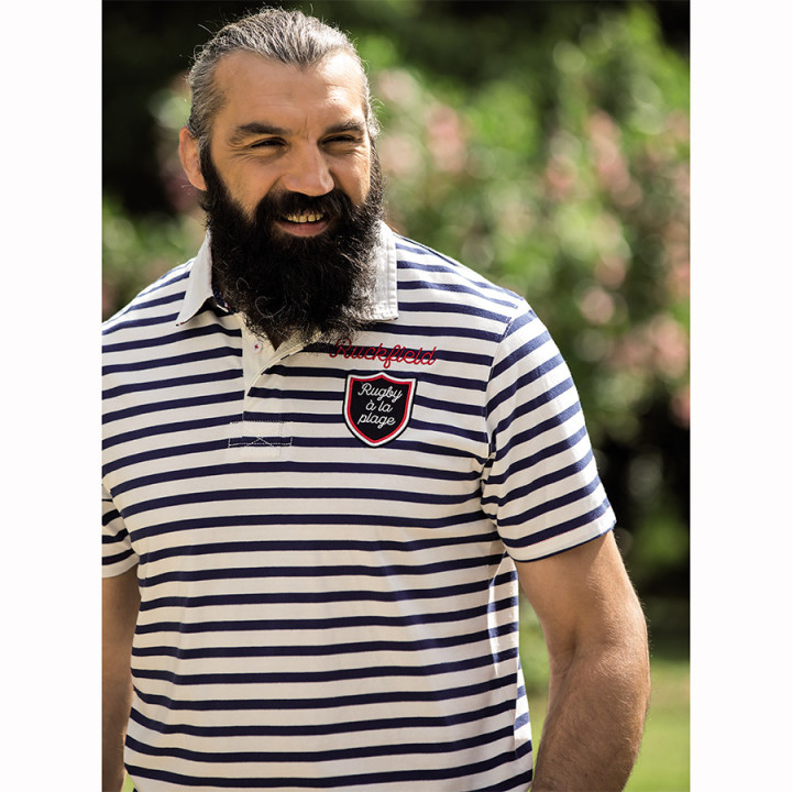 Ruckfield Ecru and Navy Blue Striped Short Sleeves Jersey Polo