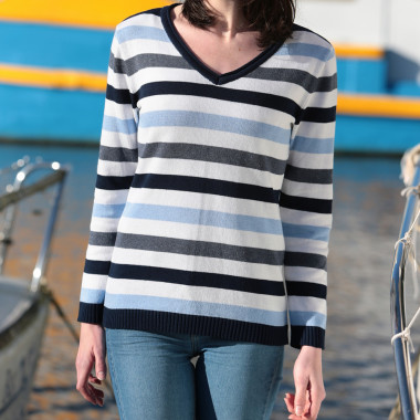 Out of Ireland V Neck Ecru, Blue, Denim & Marine Striped Sweater