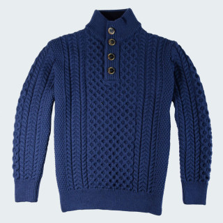Pull Aran Col Montant Boutonne Bleu The Original Aran Company