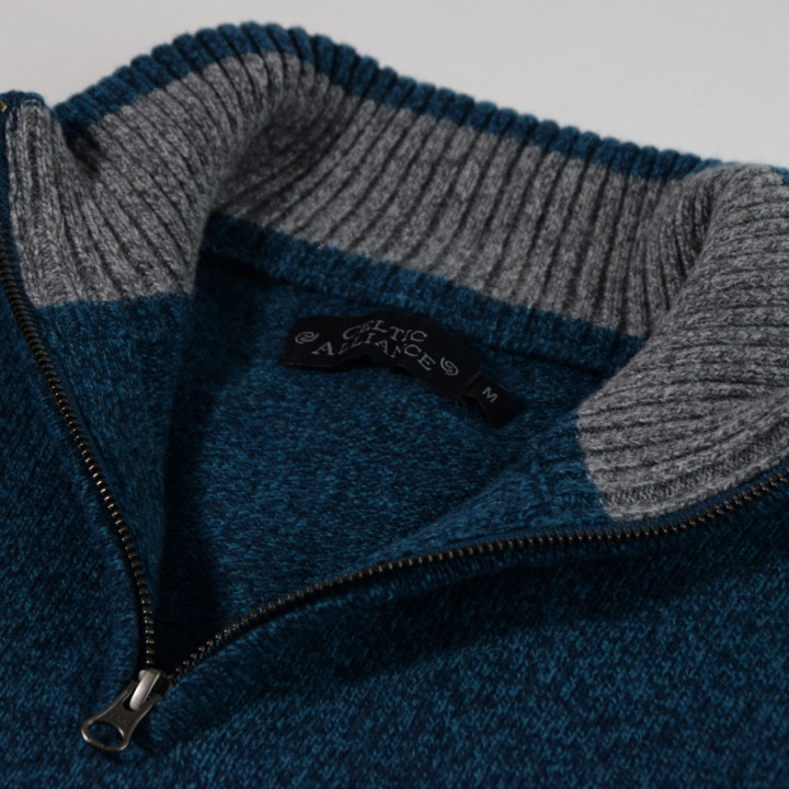 Celtic Alliance Lambswool Peacok Heather Blue Hal Zip Collar Sweater