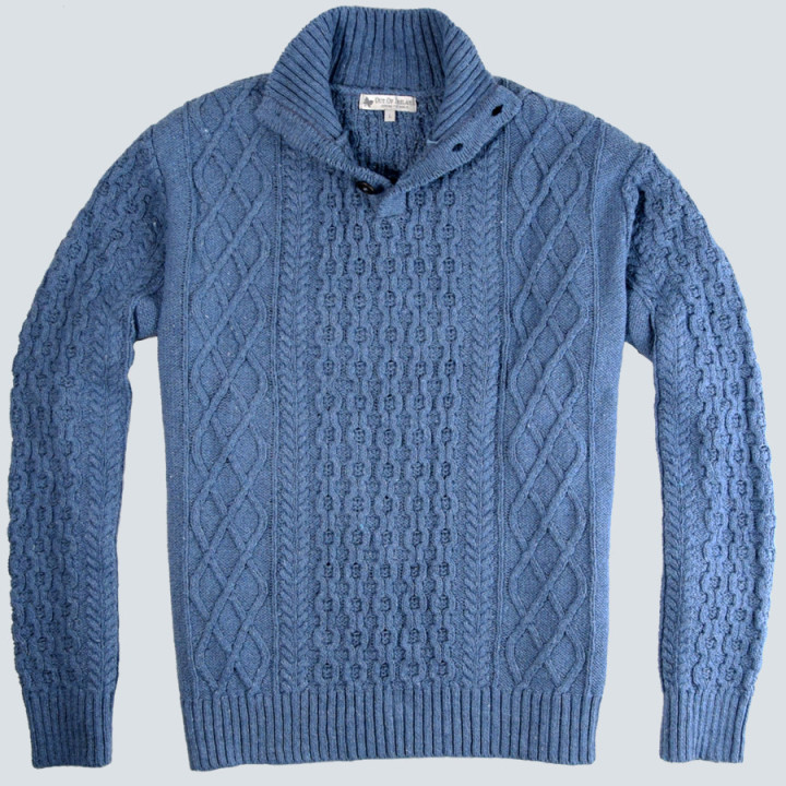 High Collar Cable Knit Blue Jumper in Recycled Cotton Out Of Ireland  
