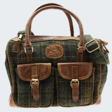 Aran Woollen Mills Tartan Green and Lether 2 Pockets Handbag