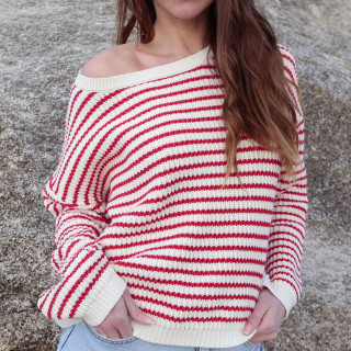 Pull Rayé Ecru et Rouge Out Of Ireland