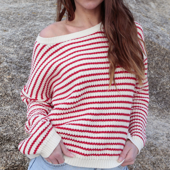 Pull Rayé Ecru et Rouge Out Of Ireland
