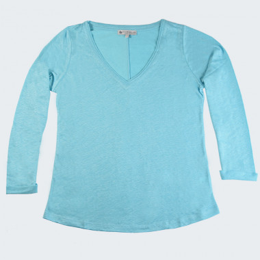 Out Of Ireland Blue Long Sleeves V Neck Linen T-Shirt