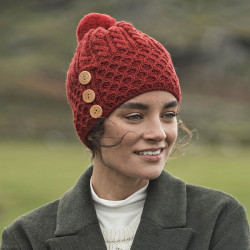 Aran Woolen Mills Red Pompom Beanie With 3 Buttons