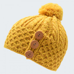 Aran Woolen Mills 3 golden yellow Button Pompom Beanie Aran Woolen Mills 3 golden yellow Button Pompom Beanie