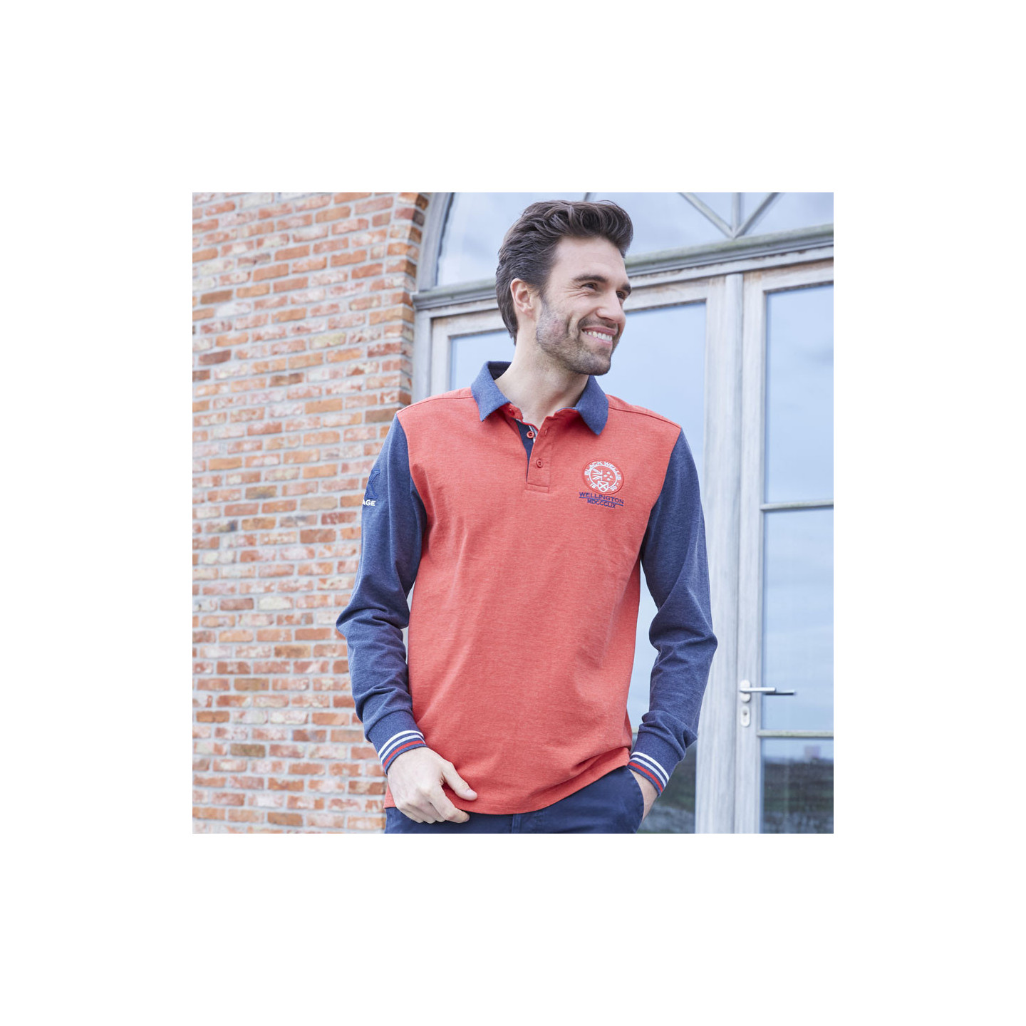 Black Wellis Long Sleeve Polo Shirt Heather Orange