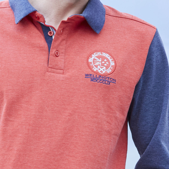 Black Wellis Long Sleeve Polo Shirt Heather Orange