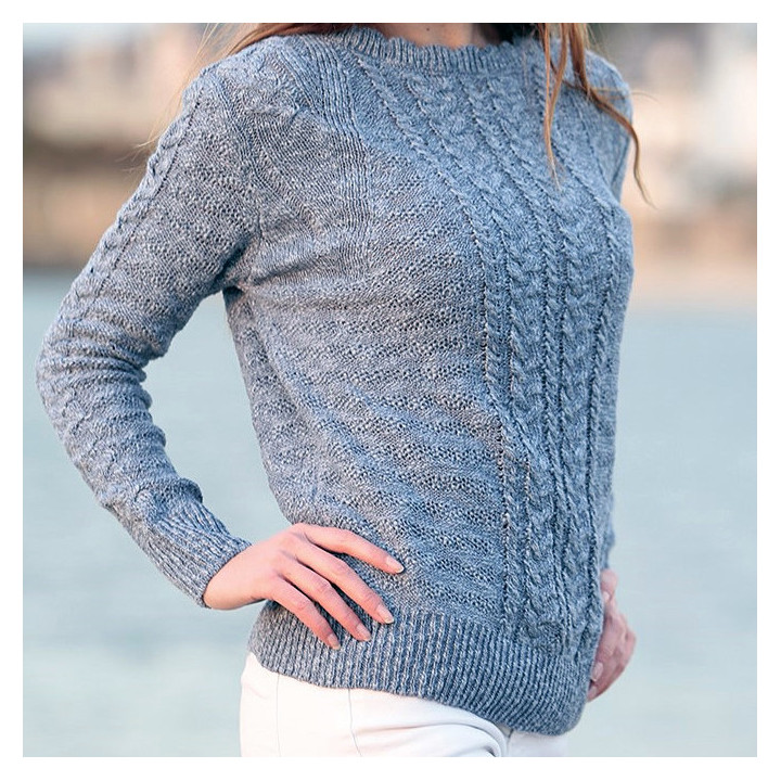 Pull femme aran bleu coton et lin the original aran company