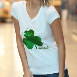 White T-shirt Sequins Clovers and V Collar