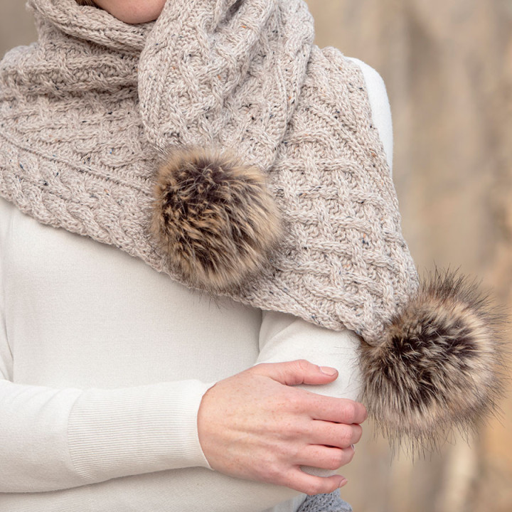 Inis Crafts Pompom Heather Beige Scarf