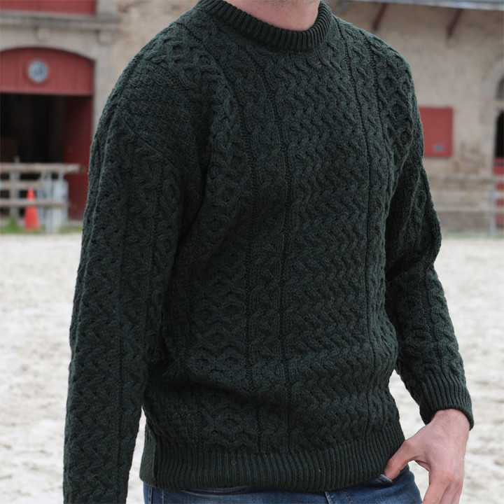 Aran Woollen Mills Dark Green Round Collar Sweater