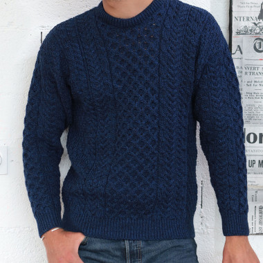 Aran Woollen Mills Indigo Round Collar Aran Sweater