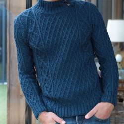 Aran Woollen Mills Petrol Buttoned High Collar Sweater