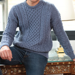 Aran Woollen Mills Denim Blue Round Neck Aran Sweater