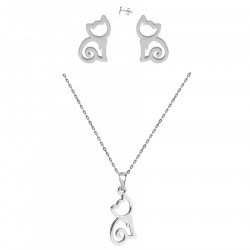 Keltiek Jewellery Set Cat Figure Earrings, Pendant and Chain