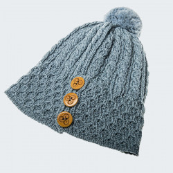 Aran Woollen Mills 3 buttons Ice Blue Pompom Beanie