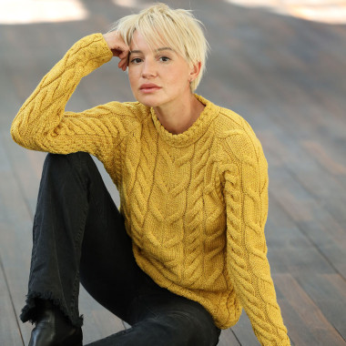 Aran Woollen Mills Mustard Cable-knit Crew Neck Supersoft Sweater