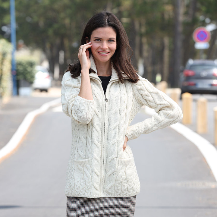 Aran Woollen Mills Ecru Zipped Cardigan