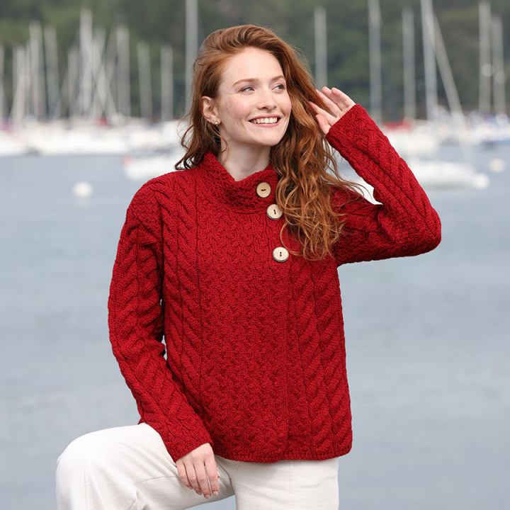 Cardigan 3 boutons Mérino Rouge Aran Woollen Mills