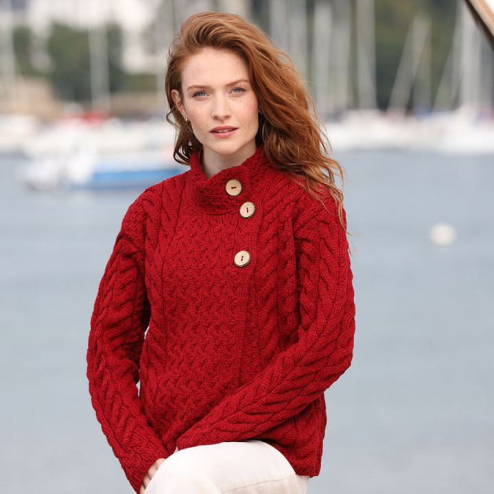 Cardigan 3 boutons Mérino Rouge Aran Woollen Mills