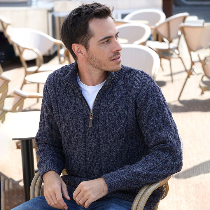 Inis Crafts Half-Zipped Heather Blue Sweater