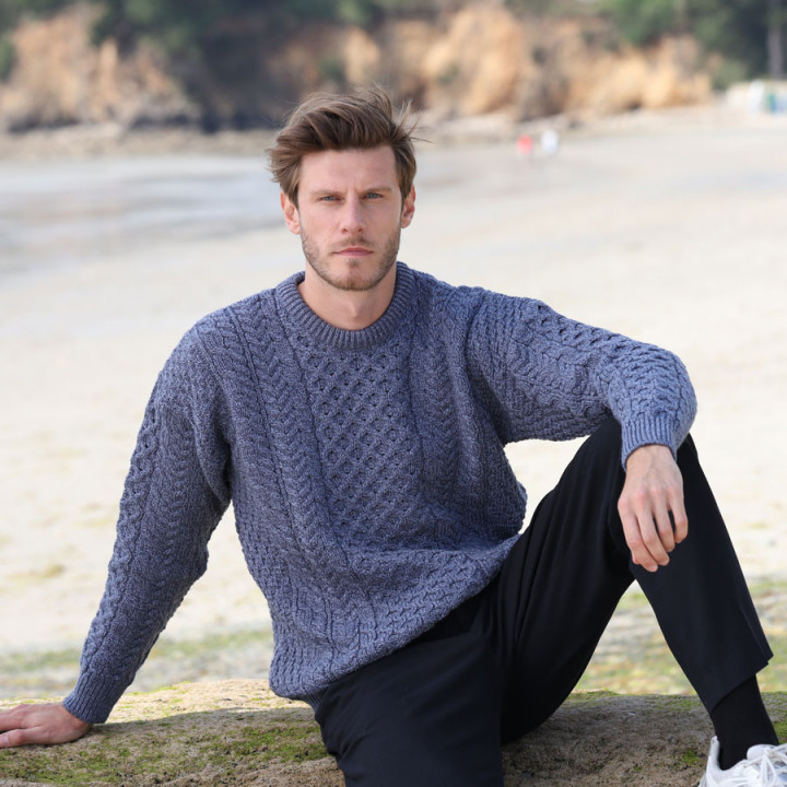 Pull Ennis Col Rond Bleu Aran Woollen Mills