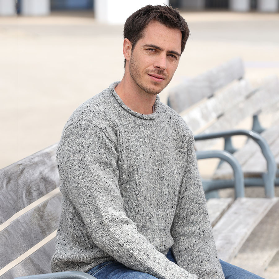 Suéter Irlandês Aran Woollen Mills - Lã Pura | Gola Rolê | Cinza