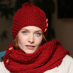 Aran Woolen Mills Red Pompom Beanie With 3 Buttons