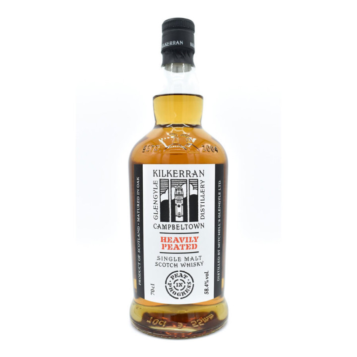 A bold 58.4% heavily peated single malt from Campbeltown, matured in bourbon casks — smoky, intense, and rare.