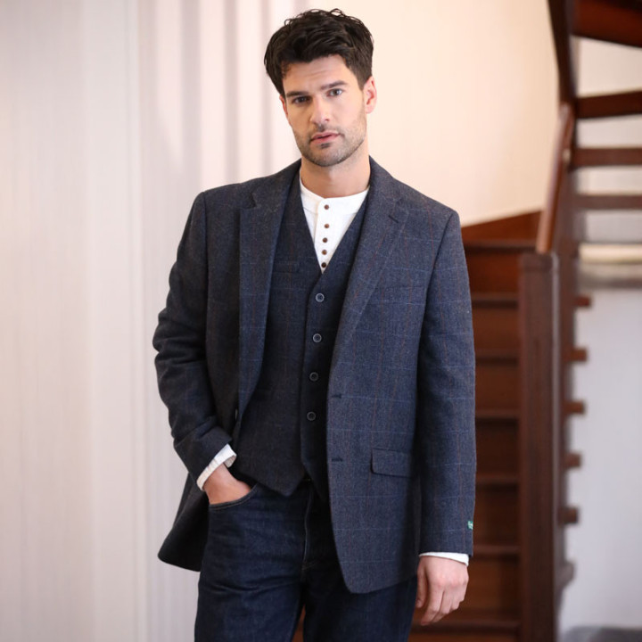 Emerald Isle Weaving Navy Check Wool Blend Waistcoat