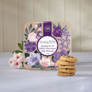 Grandma Wild's White Chocolate and Raspberry Biscuits Metal Tin 200g