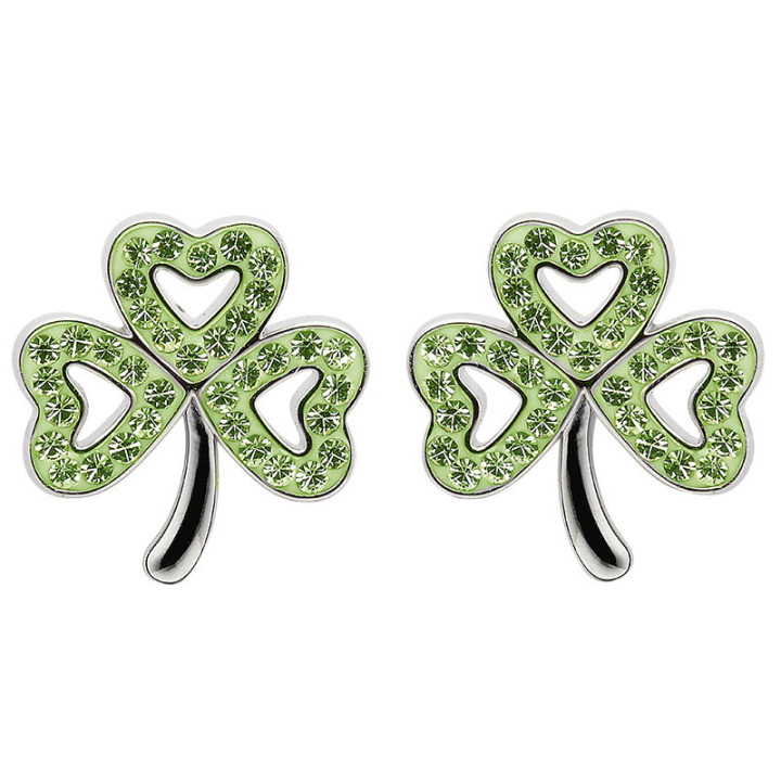 Boucles D'Oreilles Trefle Verte Plaqué Platine Swaroski Shanore