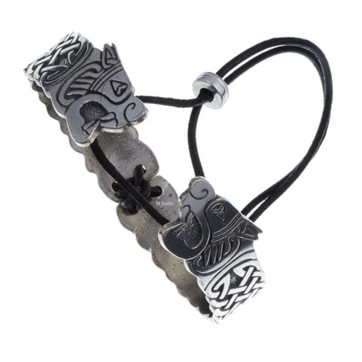 Bracelet Viking Double Tête – Étain & Cuir