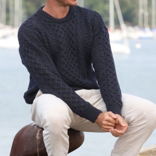 Aran Woollen Mills Ennis Round Neck Navy Sweater
