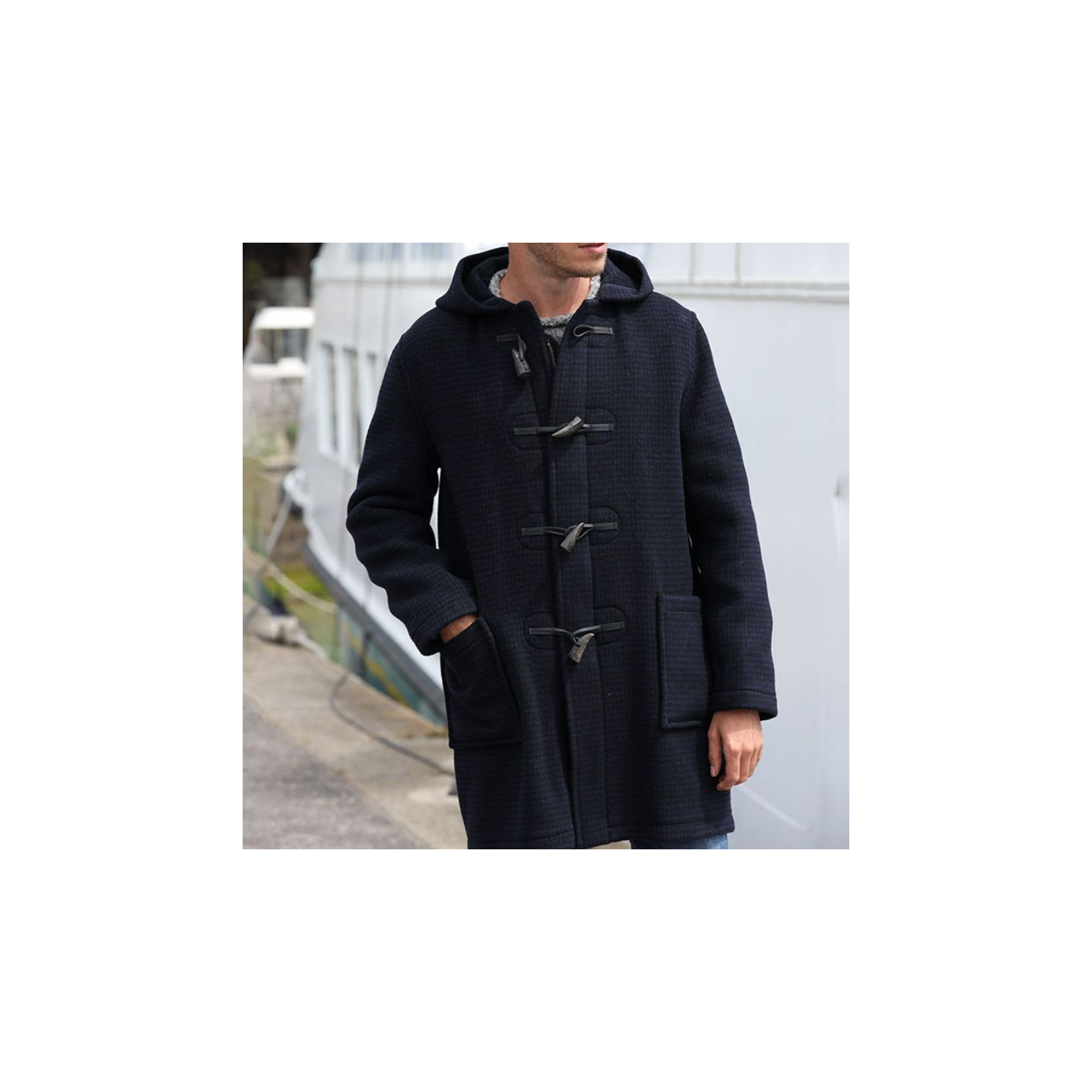 London Tradition Navy Houndstooth Edward Duffle-Coat - Le Comptoir