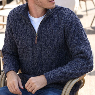 Pull Col Demi-Zip Bleu Chiné Inis Crafts