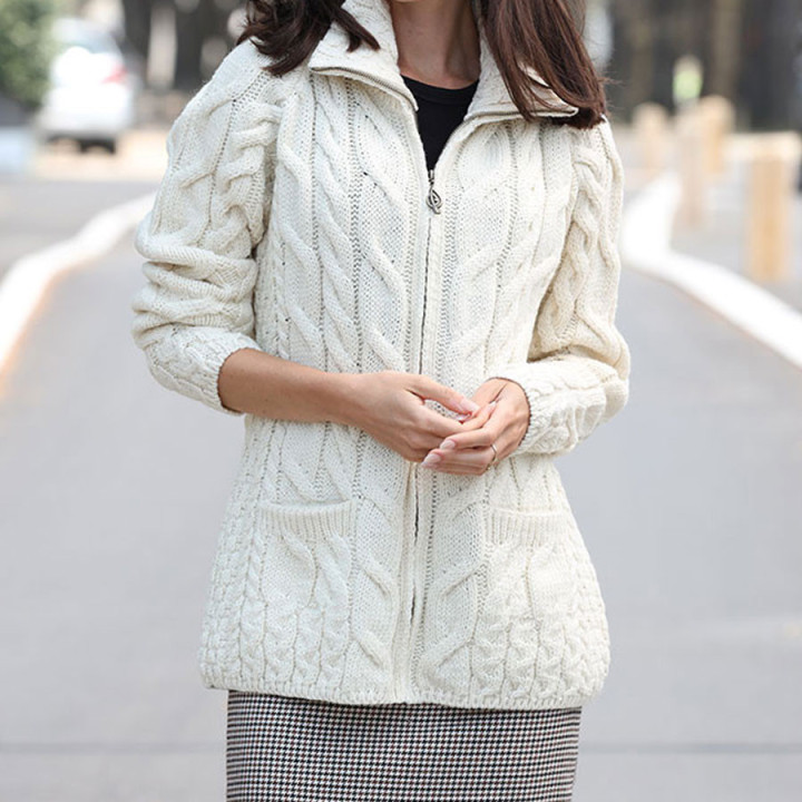 Aran Woollen Mills Ecru Lisbaun Zipped Cardigan
