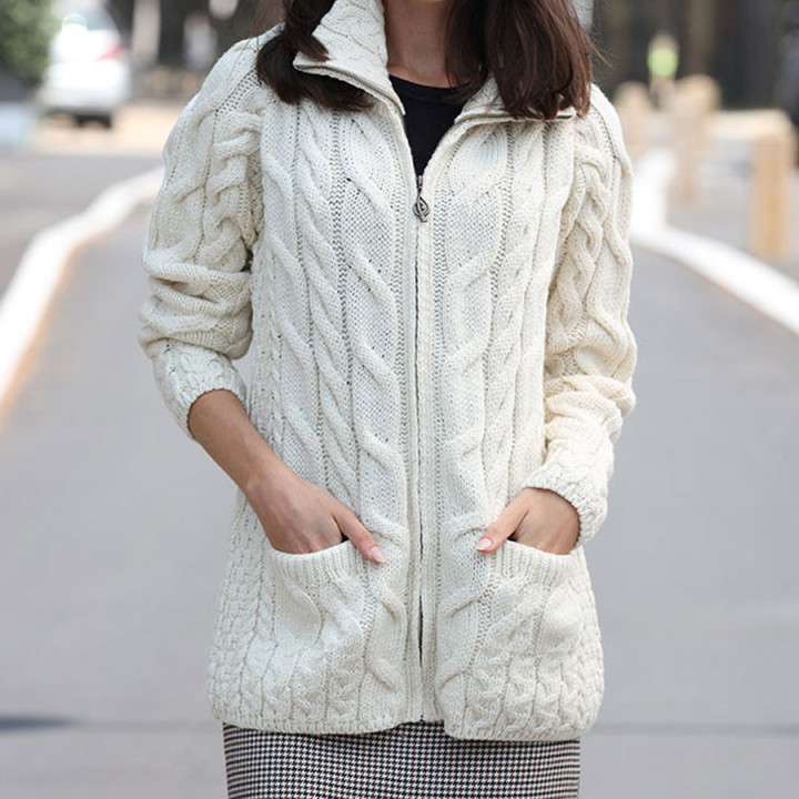 Aran Woollen Mills Ecru Lisbaun Zipped Cardigan