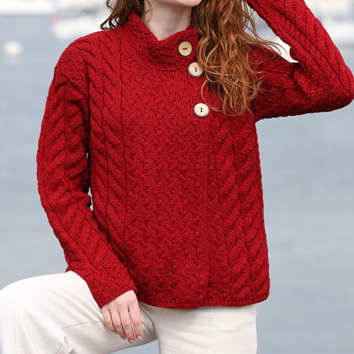 Aran Woollen Mills Merino Red 3 buttons Lisdeen Cardigan