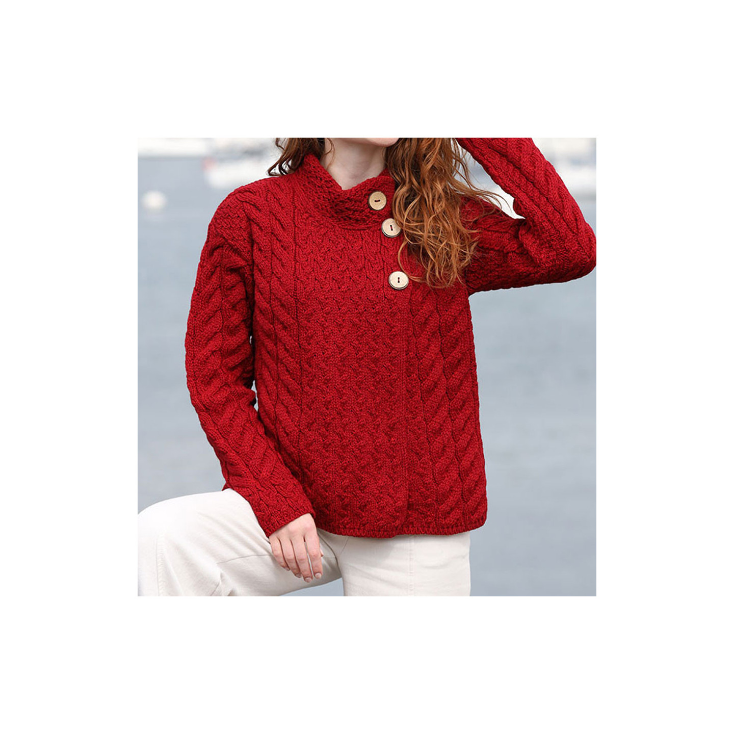 Cardigan Lisdeen 3 Boutons Mérinos Rouge Aran Woollen Mills