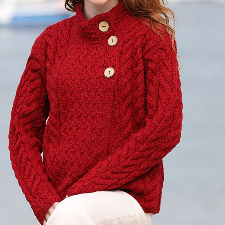 Aran Woollen Mills Merino Red 3 buttons Lisdeen Cardigan