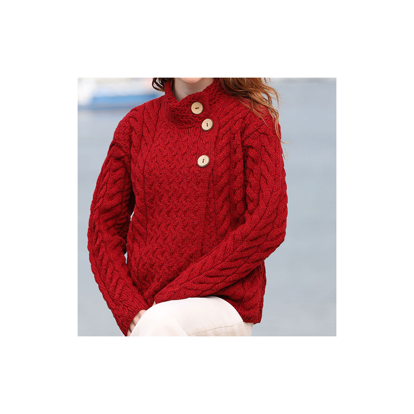 Cardigan Lisdeen 3 Boutons Mérinos Rouge Aran Woollen Mills