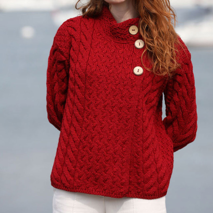 Aran Woollen Mills Merino Red 3 buttons Lisdeen Cardigan